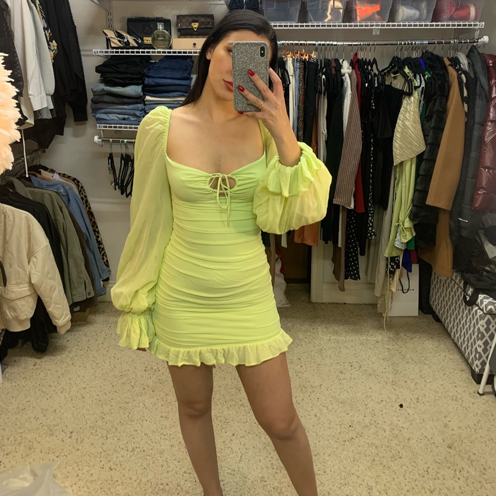 OH POLLY LONG SLEEVE MESH MINI DRESS PASTEL GREEN